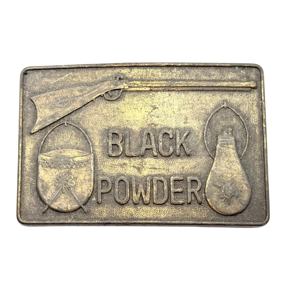 Black Powder Rifle Flask Belt Buckle Raised Lettering Gold Tone Rectangular